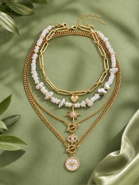 Layered Gold Bohemian Necklace Set Evil eye accent